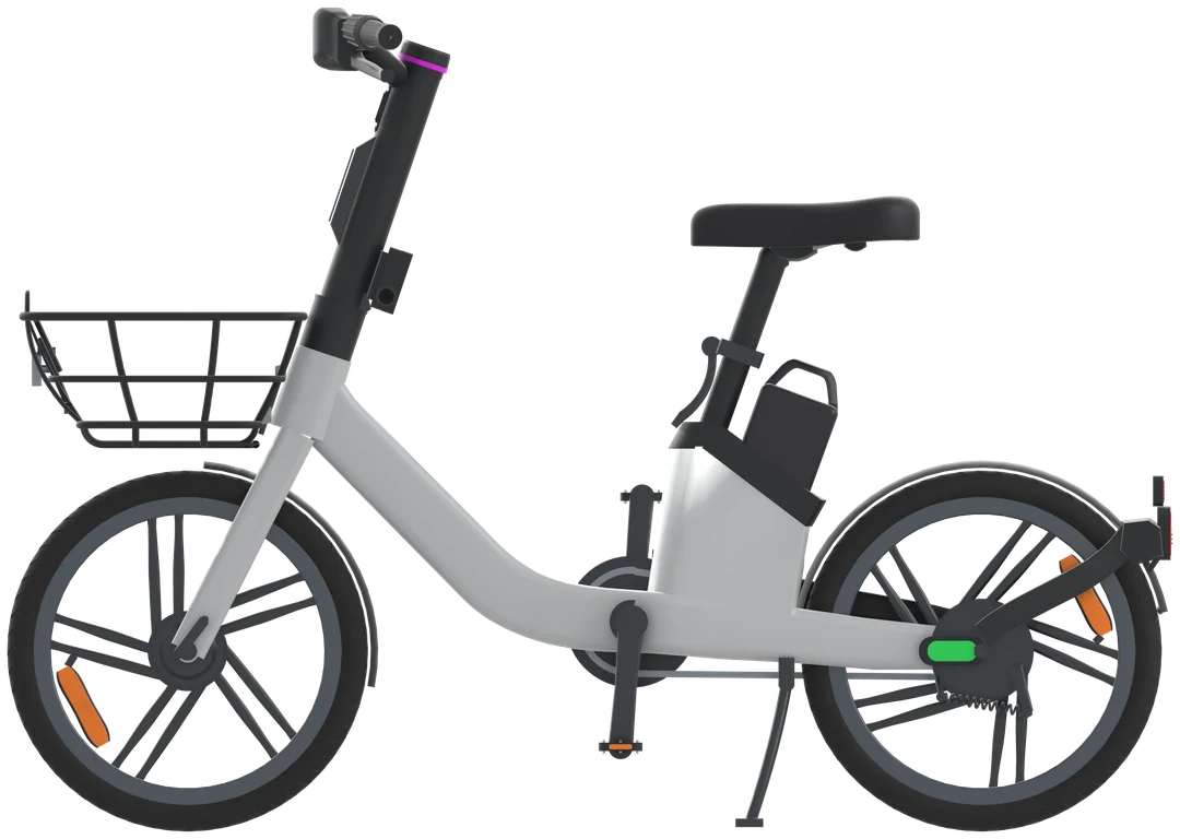 The ChargeLock e-bike shown from the side, with a step-through frame and a front basket