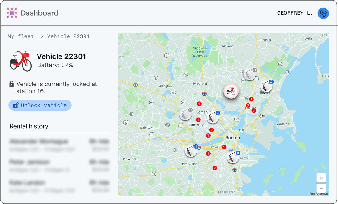 Admin platform showing a vehicle’s location, lock status, and rental history