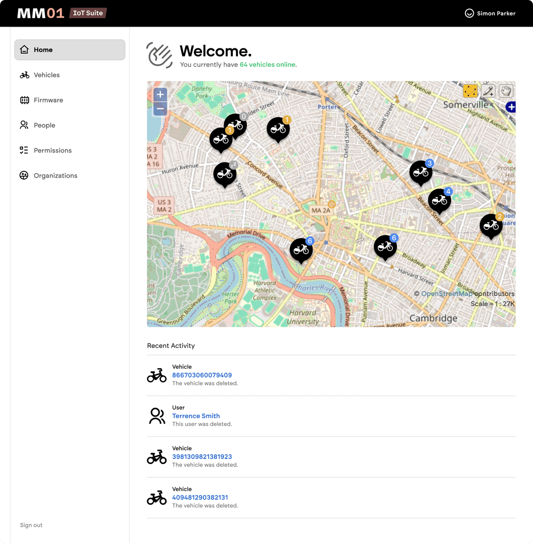 MM01 IoT platform showing connected vehicles on a map